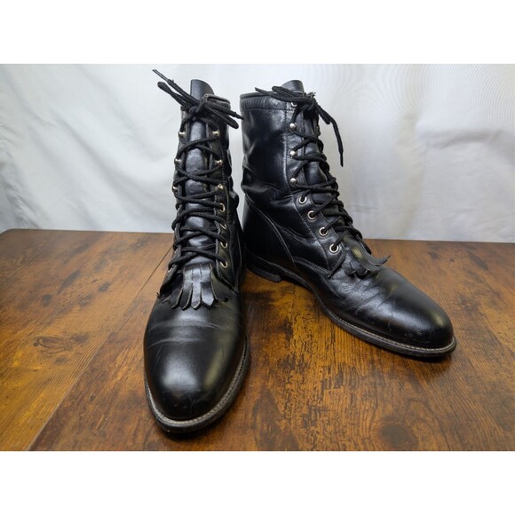 Justin Boots Size 9C Black Leather Kiltie Made in USA Vintage Roper - Picture 4 of 11